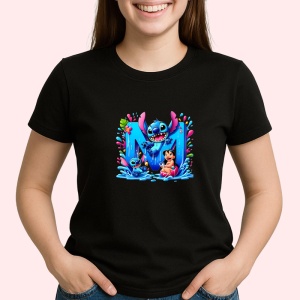 Tricou Alfabet Litera M cu Lilo si Stitch albastru, veselie mare, Mare, Negru, Unisex Dama si Barbat | Copii - Img 2