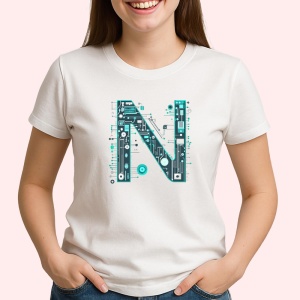 Tricou Alfabet Litera N cu circuite, cyber, tehnologie, Alb, Unisex Dama si Barbat | Copii