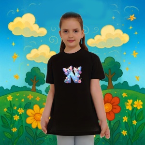 Tricou Alfabet Litera N cu fluturi colorati, stele aurii, flori colorate, Negru, Unisex Dama si Barbat | Copii - Img 6