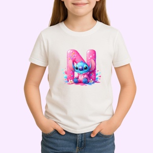 Tricou Alfabet Litera N cu Stitch Roz fericit, explozie de culori, Alb, Unisex Dama si Barbat | Copii - Img 2