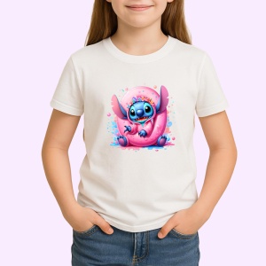 Tricou Alfabet Litera O cu Stitch Roz fericit, explozie de culori, Alb, Unisex Dama si Barbat | Copii - Img 2