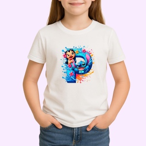 Tricou Alfabet Litera P cu Lilo si Stitch albastru, veselie mare, Alb, Unisex Dama si Barbat | Copii - Img 2