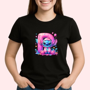 Tricou Alfabet Litera P cu Stitch Roz fericit, explozie de culori, Negru, Unisex Dama si Barbat | Copii