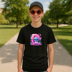 Tricou Alfabet Litera P cu Stitch Roz fericit, explozie de culori, Negru, Unisex Dama si Barbat | Copii - Img 4