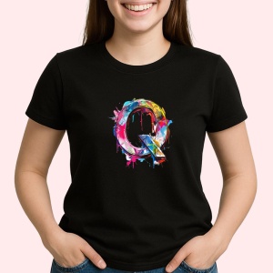 Tricou Alfabet Litera Q cu graffiti, design exploziv, arta urbana, Negru, Unisex Dama si Barbat | Copii