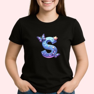 Tricou Alfabet Litera S cu fluturi colorati, stele aurii, flori colorate, Negru, Unisex Dama si Barbat | Copii