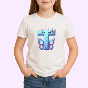 Tricou Alfabet Litera T cu fluturi colorati, stele aurii, flori colorate, Alb, Unisex Dama si Barbat | Copii - Img 2