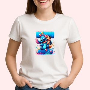 Tricou Alfabet Litera T cu Lilo si Stitch albastru, veselie mare, Alb, Unisex Dama si Barbat | Copii