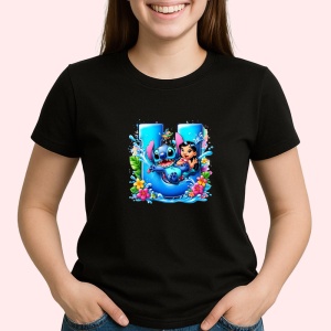 Tricou Alfabet Litera U cu Lilo si Stitch albastru, veselie mare, Mare, Negru, Unisex Dama si Barbat | Copii - Img 2