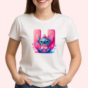 Tricou Alfabet Litera U cu Stitch Roz fericit, explozie de culori, Alb, Unisex Dama si Barbat | Copii