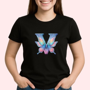 Tricou Alfabet Litera V cu fluturi colorati, stele aurii, flori colorate, Negru, Unisex Dama si Barbat | Copii - Img 1