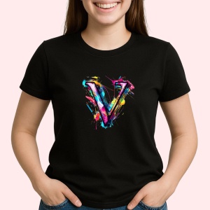 Tricou Alfabet Litera V cu graffiti, design exploziv, arta urbana, Negru, Unisex Dama si Barbat | Copii