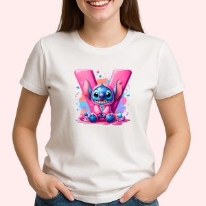 Tricou Alfabet Litera V cu Stitch Roz fericit, explozie de culori, Alb, Unisex Dama si Barbat | Copii