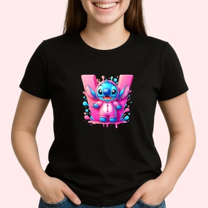 Tricou Alfabet Litera W cu Stitch Roz fericit, explozie de culori, Negru, Unisex Dama si Barbat | Copii