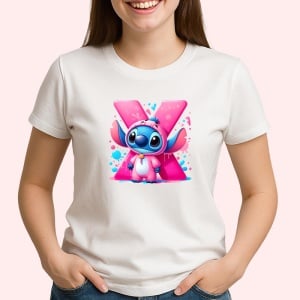 Tricou Alfabet Litera X cu Stitch Roz fericit, explozie de culori, Alb, Unisex Dama si Barbat | Copii