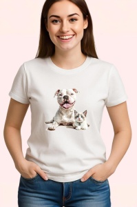 Tricou American Pitbull Terrier si pisica Ragdoll prieteni adorabili pe fundal albastru Copii | Dama | Barbat Barbat - Img 3