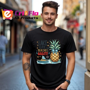 Tricou Ananas cu palmier si barca text lake life beaches salty Copii | Dama | Barbat, negru - Img 6