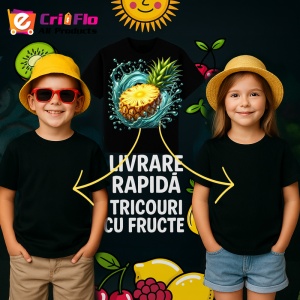 Tricou Ananas si explozie exotica, Fructe, Copii | Dama, culoare negru - Img 6