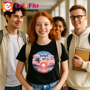 Tricou Apus cu palmieri text sunset chaser atmosfera romantica de vacanta Copii | Dama | Barbat, negru - Img 11