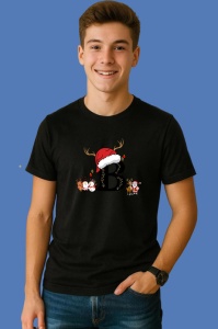 Tricou B Litera Cu Luminite Reni Si Mos Craciun, din bumbac 100% Copii | Dama | Barbat - Img 2