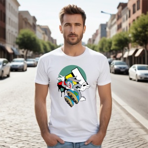 Bărbat îmbrăcat într-un tricou alb cu un design colorat care îl înfățișează pe Bugs Bunny sărind, pe un fundal geometric verde și galben, fotografiat pe o stradă urbană plină de mașini parcate și clădiri.