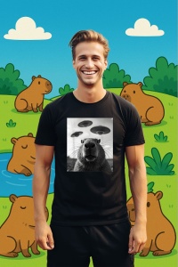 Tricou Barbat CapyBara - selfie cu UFO alb negru - Img 3