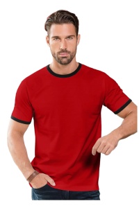 tricou barbat rosu cu contrast la guler cu contrast la guler purtat de un barbat tanar si frumos