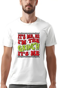 Tricou alb cu un design festiv și text în culori roșu și verde, care spune „It's me, hi I'm the Grinch it's me”, inspirat de personajul Grinch, având un aspect amuzant și sezonier.