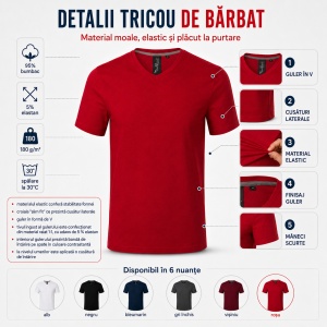 Tricou Bărbat Malfini Action V-Neck 700, 95% Bumbac, 5% Elastan, Guler în V, Slim Fit, 6 Culori, Mărimi S–2XL - Img 3