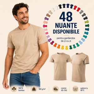 Tricou bărbat Malfini Basic Clasic, 100% bumbac, 160 g/m², guler rotund, 48 de culori, mărimi XS–5XL