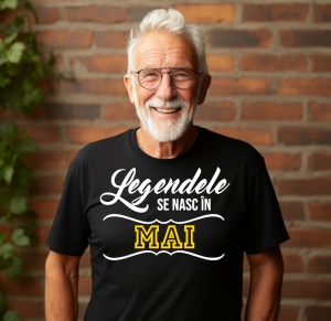 Un bărbat mai în vârstă, cu păr alb și barbă, purtând ochelari și zâmbind, îmbrăcat într-un tricou negru cu mesajul: „Legendele se nasc în Mai”. În fundal se află un zid de cărămidă