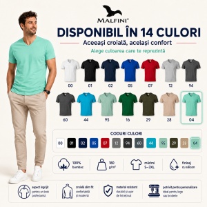 Tricou Bărbați cu Guler în V, 100% Bumbac, Slim Fit, 180 g/m², 14 Culori, Mărimi S–3XL - Img 9