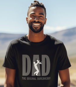 Bărbat zâmbitor purtând un tricou negru cu mesajul 'DAD - The Original Superhero!' și o siluetă de tată care ridică un copil, încorporată în literele mari ale cuvântului 'DAD.' Fundalul arată un peisaj natural cu dealuri și cer senin.