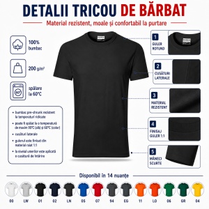 Tricou bărbați heavy, 100% bumbac pre-shrunk, 200 g/m², 14 nuanțe disponibile - Img 6