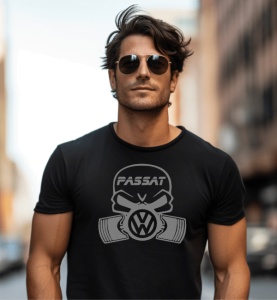 Bărbat elegant purtând un tricou negru cu design personalizat Volkswagen Passat, incluzând un craniu stilizat cu mască de gaze și sigla VW, fotografiat pe o stradă urbană.