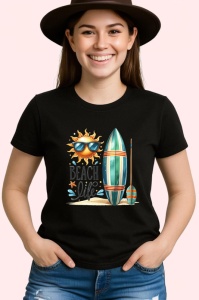 Tricou Beach life cu soare ochelari surfboard si padel stil surfing Copii | Dama | Barbat, negru - Img 4