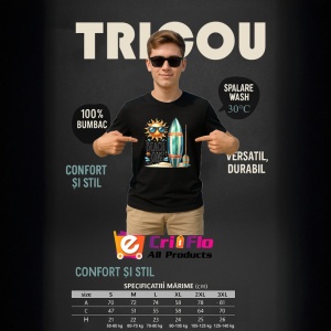 Tricou Beach life cu soare ochelari surfboard si padel stil surfing Copii | Dama | Barbat, negru - Img 7