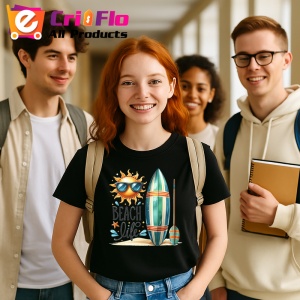 Tricou Beach life cu soare ochelari surfboard si padel stil surfing Copii | Dama | Barbat, negru
