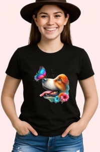 Tricou Beagle cu fluture turcoaz si floare roz design artistic Copii | Dama | Barbat, negru - Img 4
