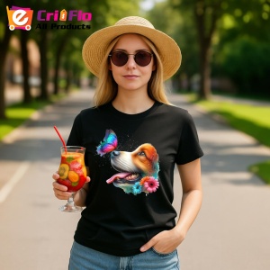 Tricou Beagle cu fluture turcoaz si floare roz design artistic Copii | Dama | Barbat, negru