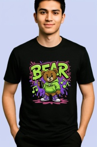 Tricou Bear teddy verde cu hanorac muzical si graffiti violet Copii | Dama | Barbat, negru - Img 2