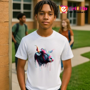 Tricou Bivol psihedelic cu vopsea lichida fundal alb Copii | Dama | Barbat - Img 5