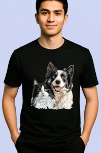 Tricou Border Collie si pisica alb negru adorabili impreuna Copii | Dama | Barbat, negru - Img 2