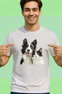 Tricou Border Collie si pisica alb negru dragoste si armonie Copii | Dama | Barbat Barbat - Img 2