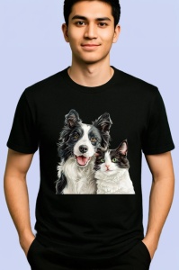 Tricou Border Collie si pisica alb negru dragoste si armonie Copii | Dama | Barbat, negru - Img 2