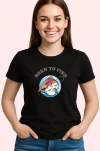 Tricou Born To Fish, din bumbac 100%, tricou negru, Dama | Barbat - Img 2