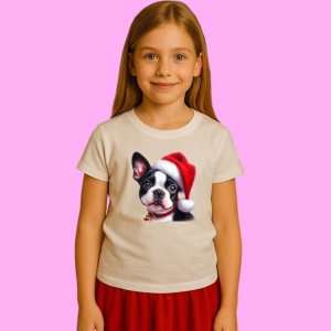 Tricou Boston Terrier Craciun Cu Clopotel, din bumbac 100%, tricou alb, Copii | Dama | Barbat - Img 2