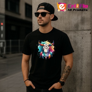 Tricou Bull skull feathers watercolor, craniu de taur cu pene in acuarela, Copii | Dama | Barbat , tricou negru - Img 11