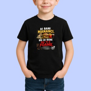 Tricou Burger Amuzant Ai Bani Mananci Mesaj Romanesc, din bumbac 100%, tricou negru Copii | Dama | Barbat - Img 2