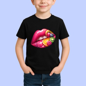 Tricou Buze bordo cu trandafir rosu, Lip gloss, Copii | Dama, culoare negru - Img 3